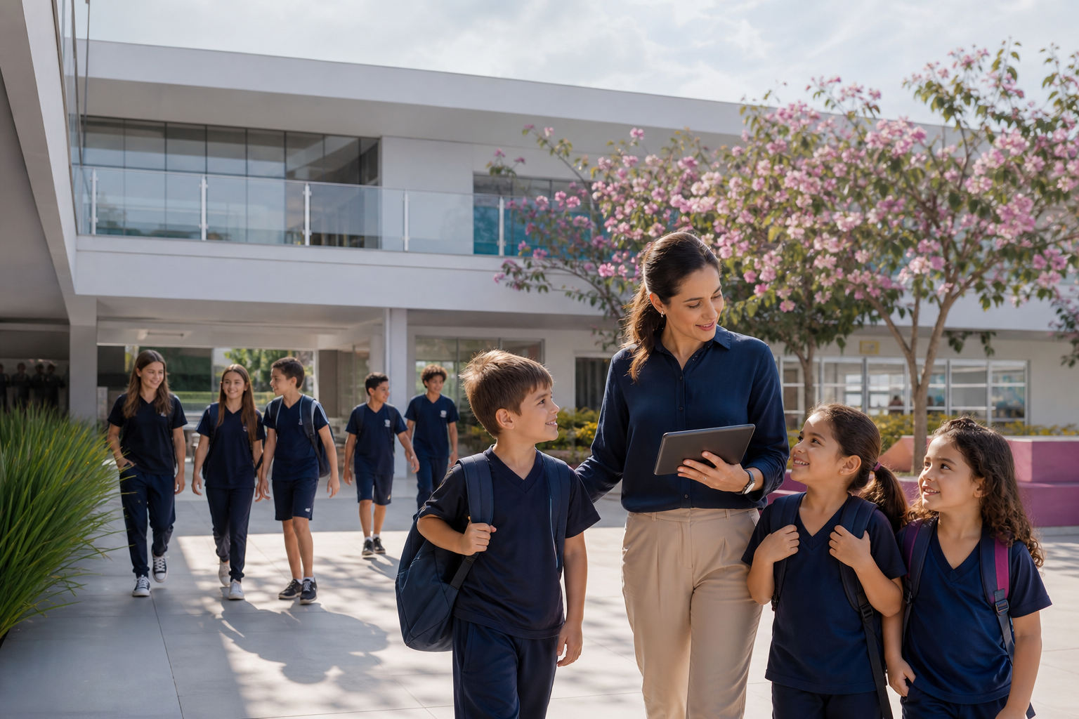 Escola moderna com alunos aprendendo em ambiente acolhedor e tecnológico