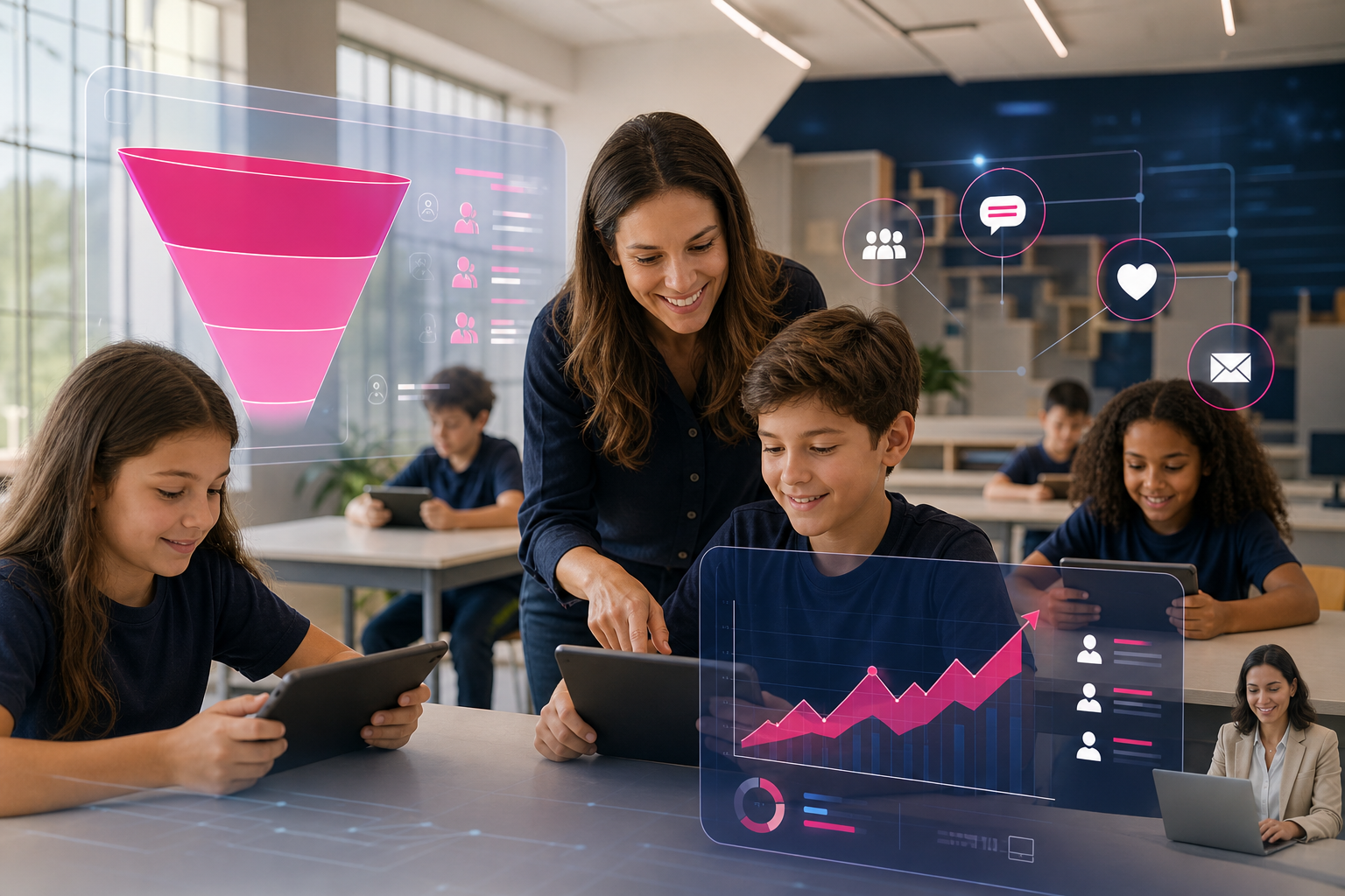 Professores e alunos em sala de aula moderna com tecnologia AVVA para crescimento escolar